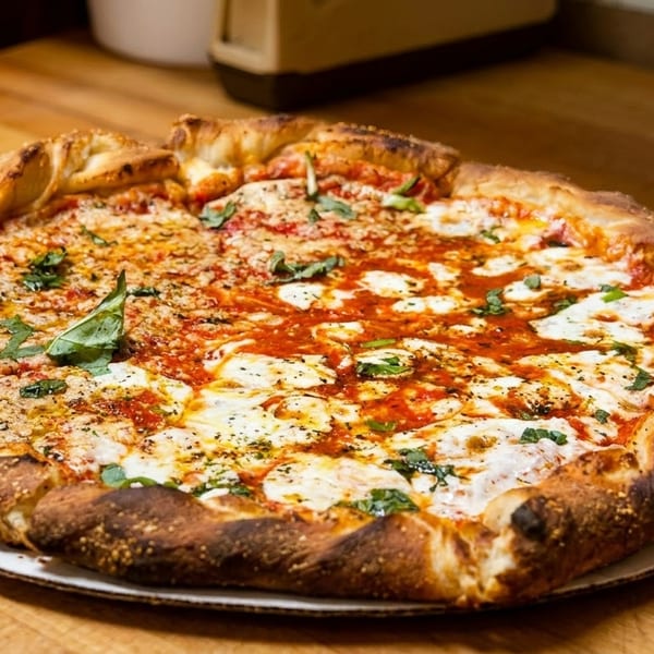 A freshly baked pizza with melted cheese, red sauce, and basil on a wooden surface.