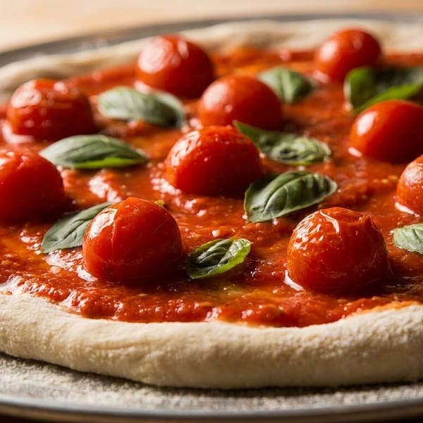 Unbaked pizza with tomato sauce, whole cherry tomatoes, and fresh basil leaves on a metal pan.