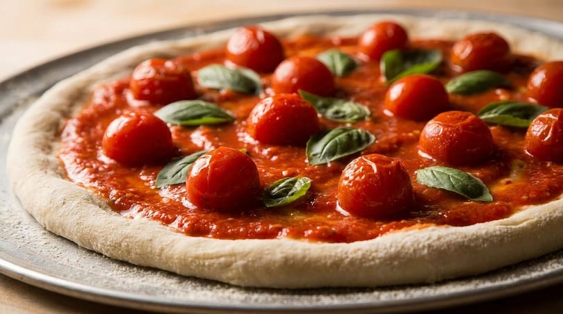 Unbaked pizza with tomato sauce, whole cherry tomatoes, and fresh basil leaves on a metal pan.
