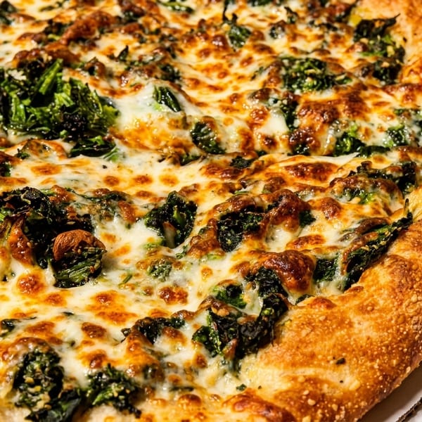 Close-up of a pizza with melted cheese, green broccoli rabe, and sausage, with a thick crust.