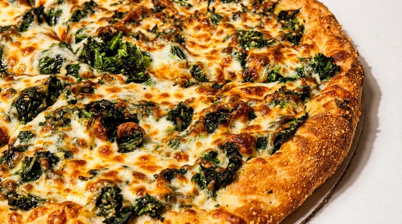 Close-up of a pizza with melted cheese, green broccoli rabe, and sausage, with a thick crust.