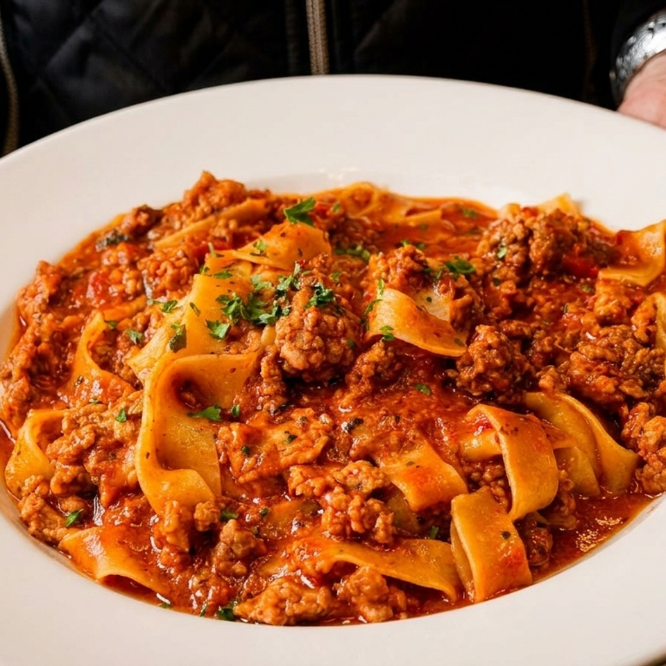 Hands holding a white plate filled with pappardelle pasta and a rich meat ragu, garnished with parsley.
